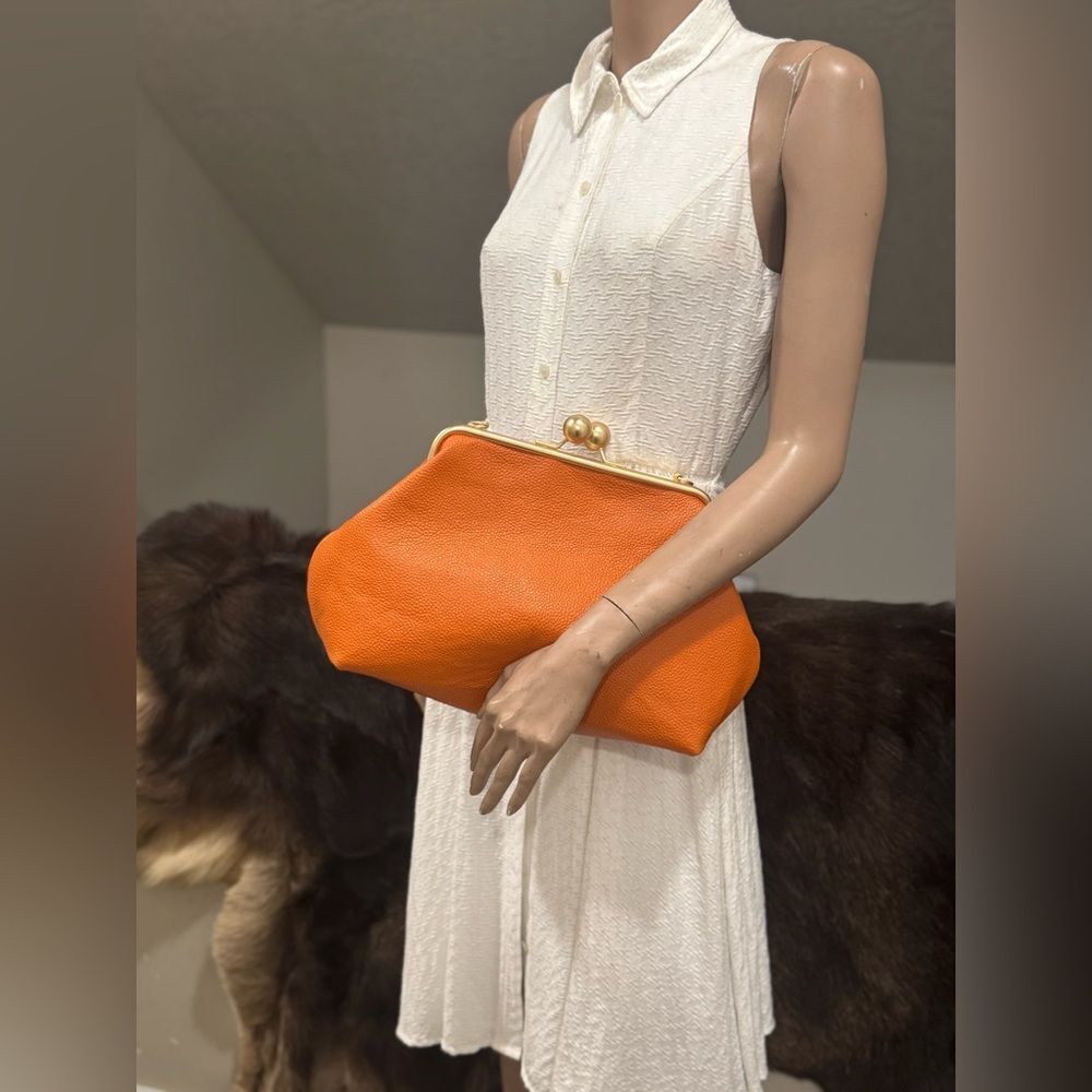 Orange Pebble Leather Handmade Vintage Style Extra Large Kisslock Frame Bag - Picture 5 of 16
